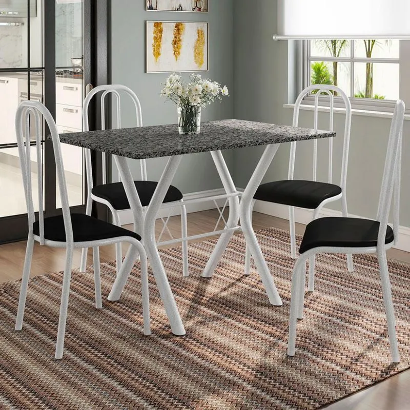 Conjunto de Mesa e 4 Cadeiras Fabone Miame Madri Aço e Granito Branco e Preto