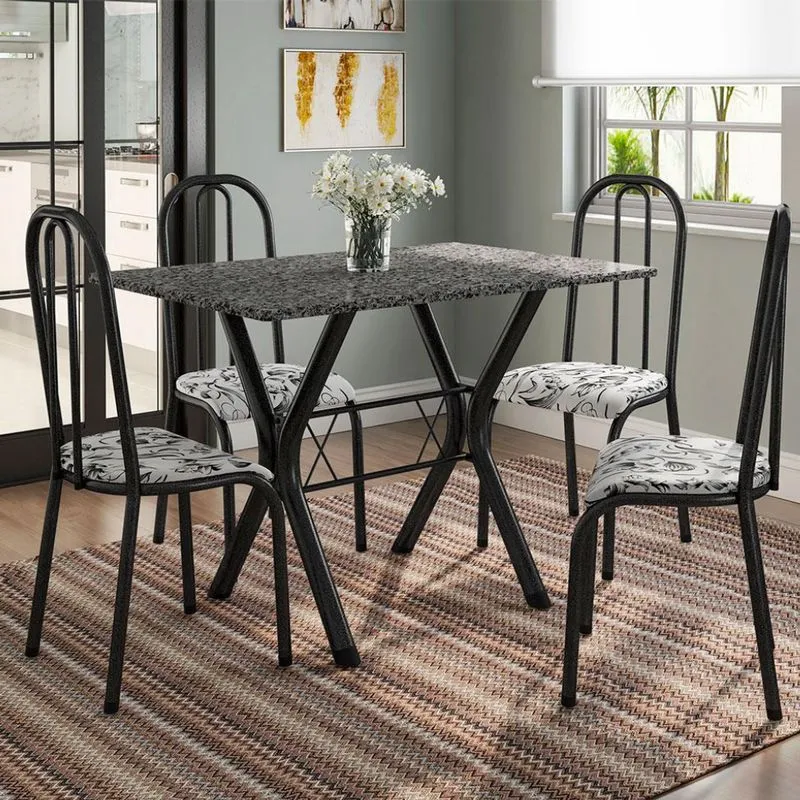Conjunto de Mesa e Cadeiras Fabone Miame Madri Aço e Granito Floral 4 Lugares