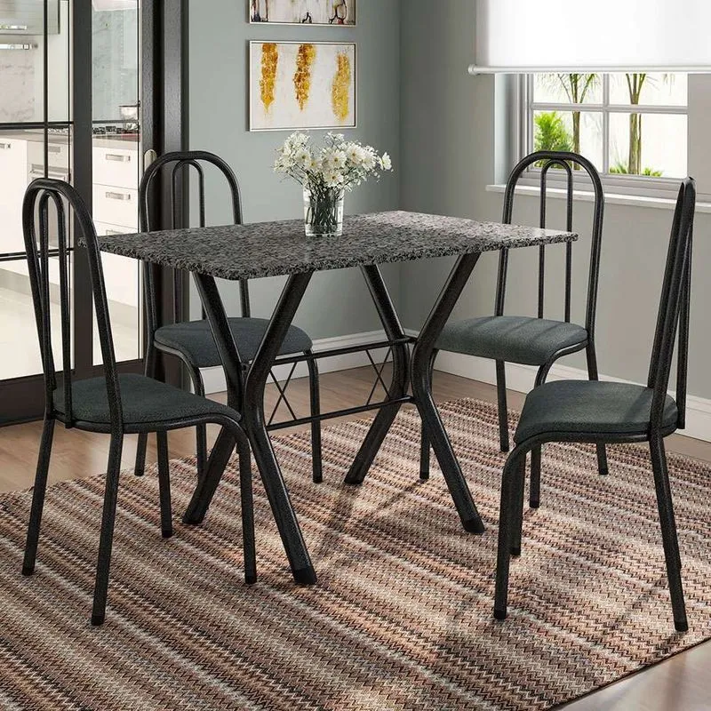 Conjunto de Mesa e Cadeiras Fabone Miame Madri Aço e Granito 4 Lugares Preto