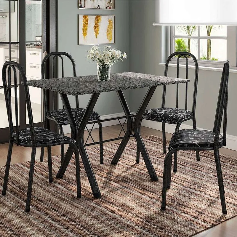 Conjunto de Mesa e Cadeiras Fabone Miame Madri Metal e Granito 110cm Preto Floral