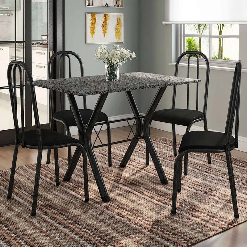 Conjunto de Mesa e Cadeiras Fabone Miame Madri Aço e Granito Preto