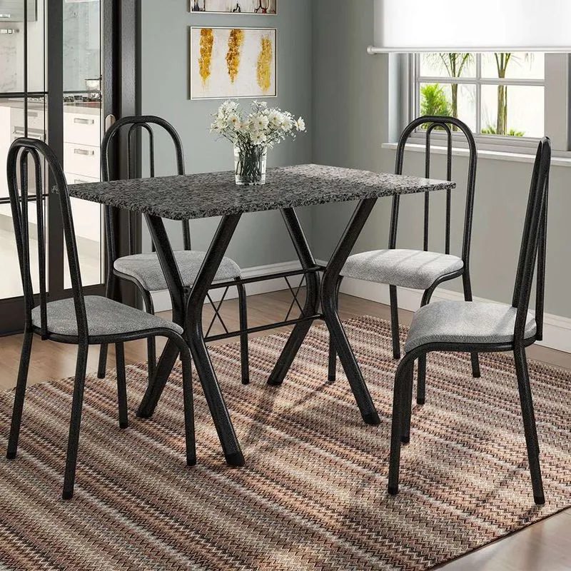 Conjunto de Mesa e Cadeiras Fabone Miame Madri Aço e Granito 4 Lugares Preto