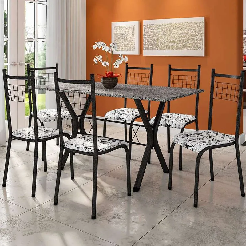 Conjunto de Mesa e Cadeiras de Jantar Miami e Lisboa II Aço 6 Lugares Estofado Floral Pretoo