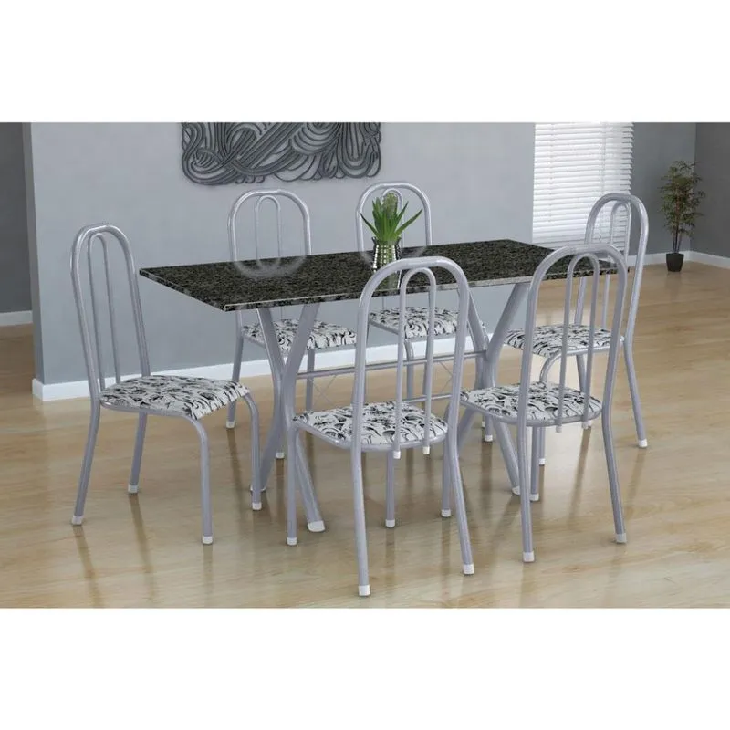Conjunto de Mesa e 6 Cadeiras Fabone Miame Madri Aço e Granito Floral
