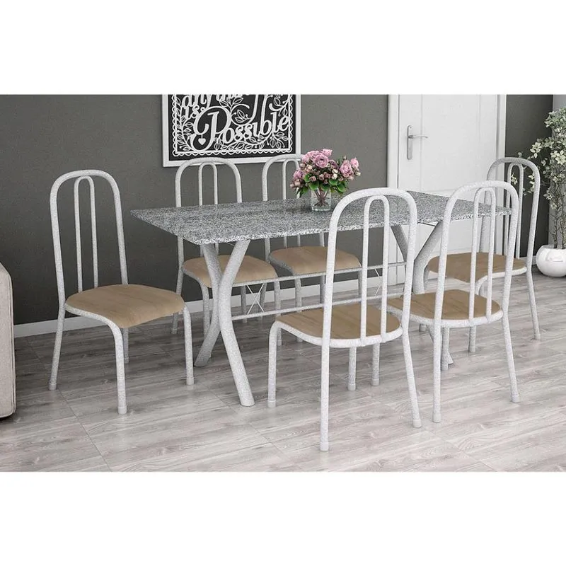 Conjunto de Mesa e Cadeiras Fabone Miame Madri Aço e Granito Branco e Nature Bege