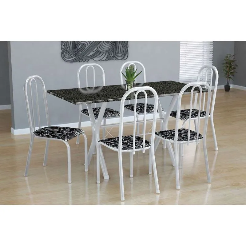 Conjunto de Mesa e Cadeiras Fabone Miame Madri Aço e Granito 6 Lugares Estampado