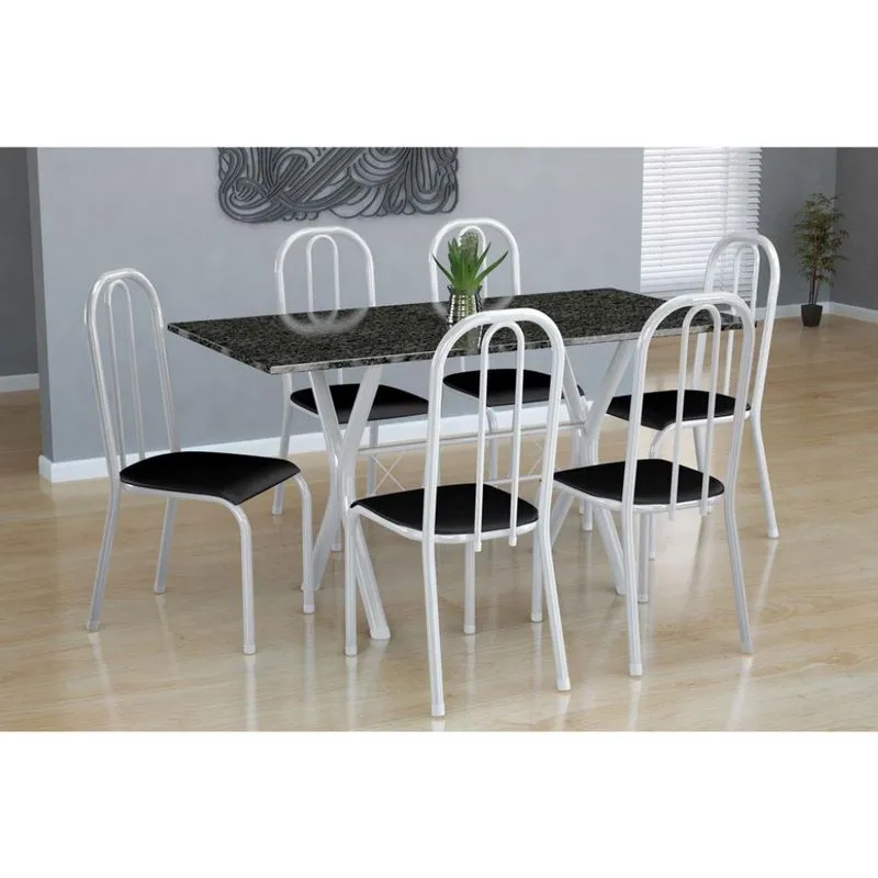 Conjunto de Mesa e Cadeiras Fabone Miame Madri Metal e Granito 6 Lugares