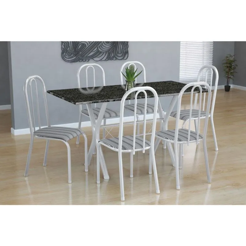 Conjunto de Mesa e Cadeiras Fabone Miame Madri Aço e Granito 6 Lugares Branco e Preto