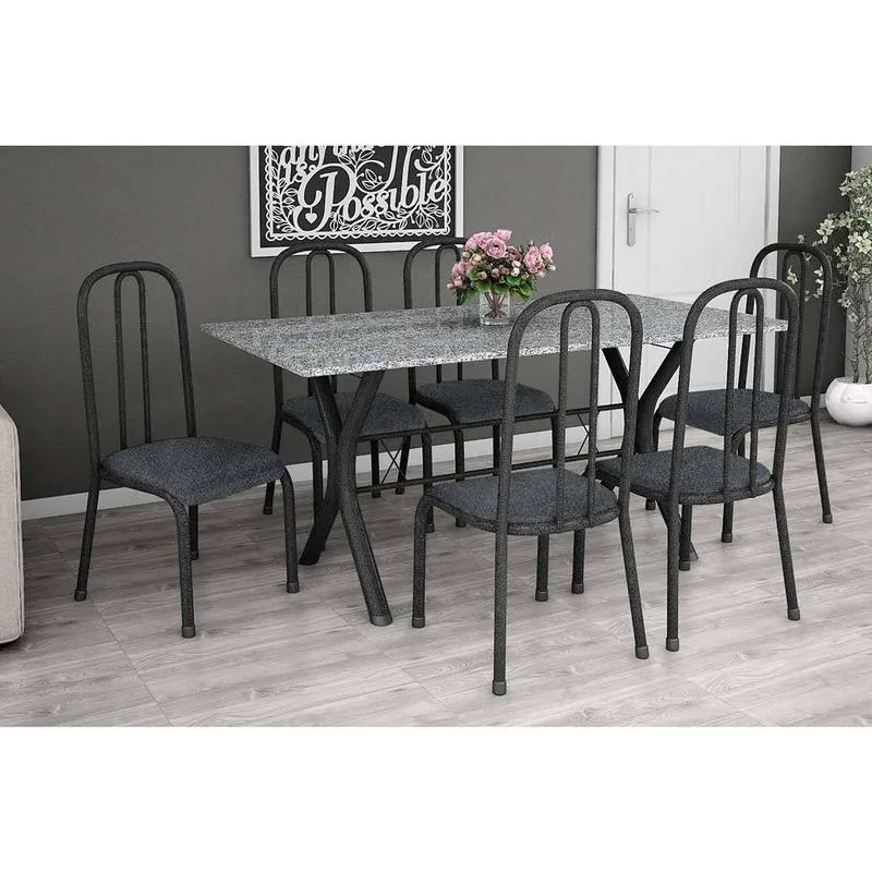 Conjunto de Mesa Miame 150 cm com 6 Cadeiras Madri Preto e Mesclado Petróleo