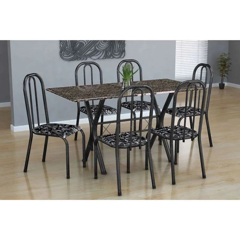 Conjunto de Mesa e 6 Cadeiras Fabone Miame Madri Aço Carbono e Granito Estampado