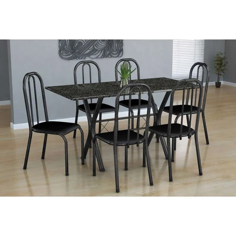 Conjunto de Mesa e 6 Cadeiras Fabone Miame Madri Aço e Granito Preto