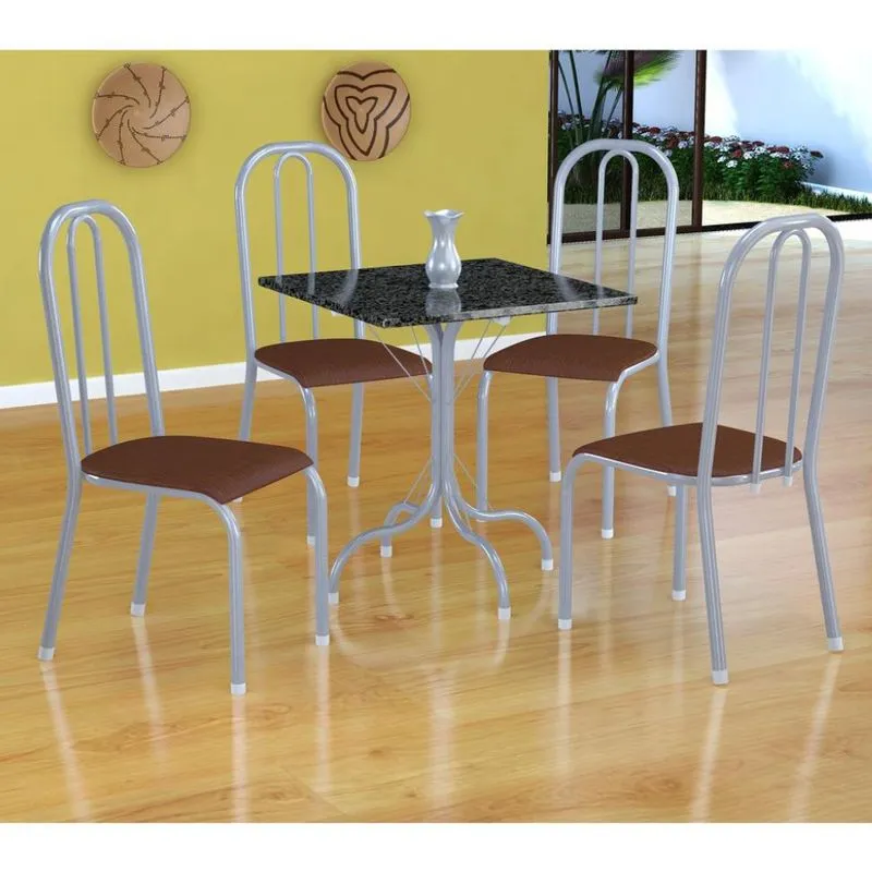 Conjunto de Mesa e Cadeiras Fabone Malaga Madri Aço e Granito 4 Lugares Prata