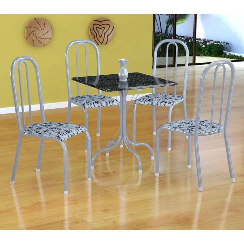 Conjunto de Mesa Malaga com 4 Cadeiras Madri Fabone Metal Prata e Branco