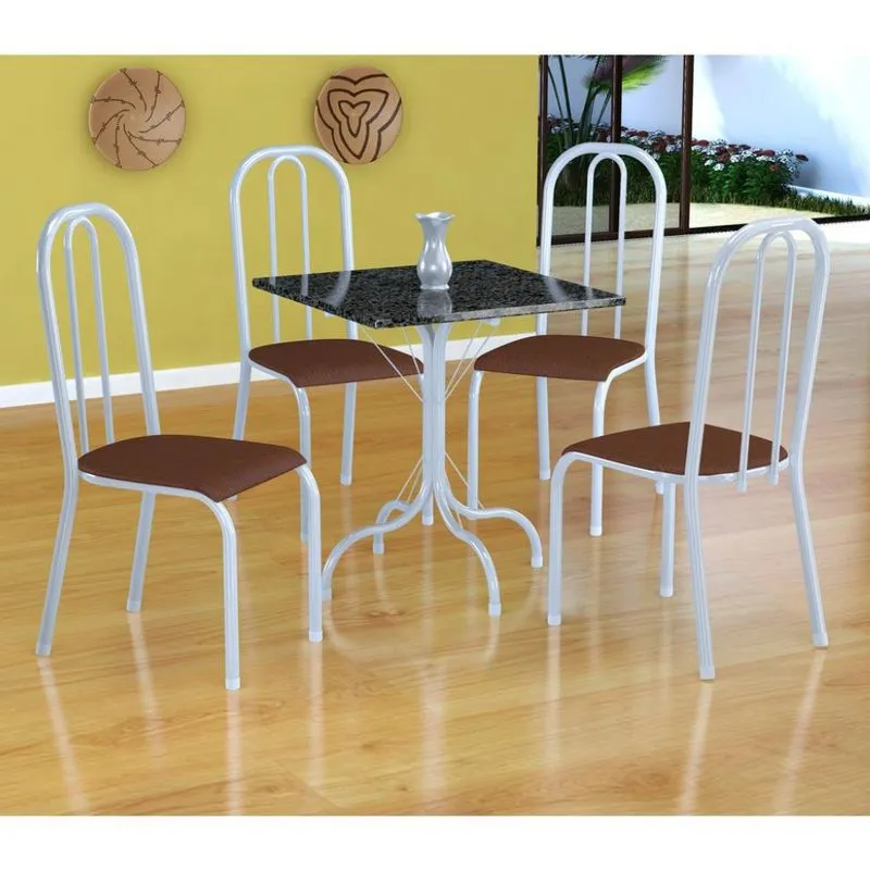 Conjunto de Mesa Malaga com 4 Cadeiras Madri Fabone Branco e Amadeirado
