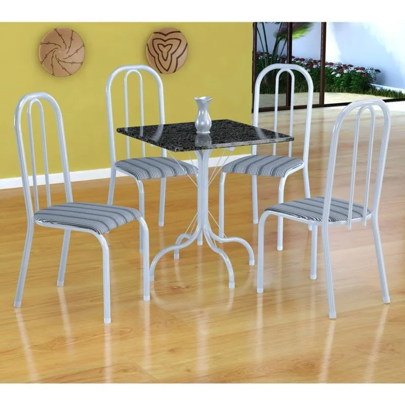 Conjunto de Mesa e Cadeiras Fabone Malaga Madri Aço e Granito Branco 4 Lugares