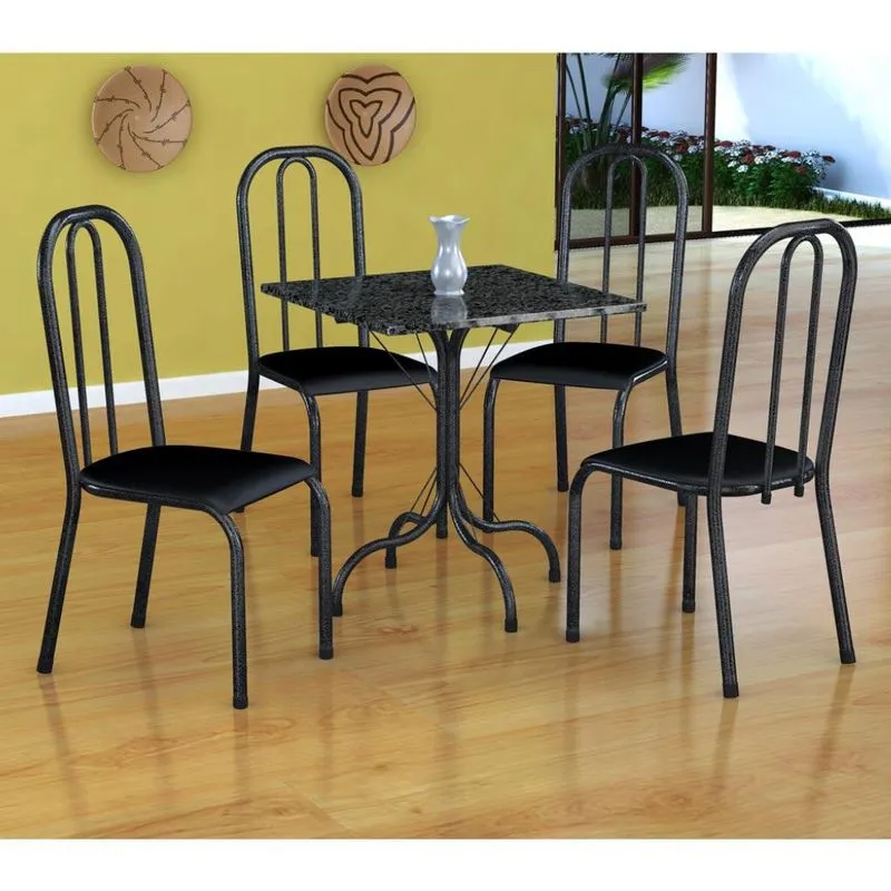 Conjunto de Mesa e 4 Cadeiras Fabone Malaga Madri em Aço e Granito Preto