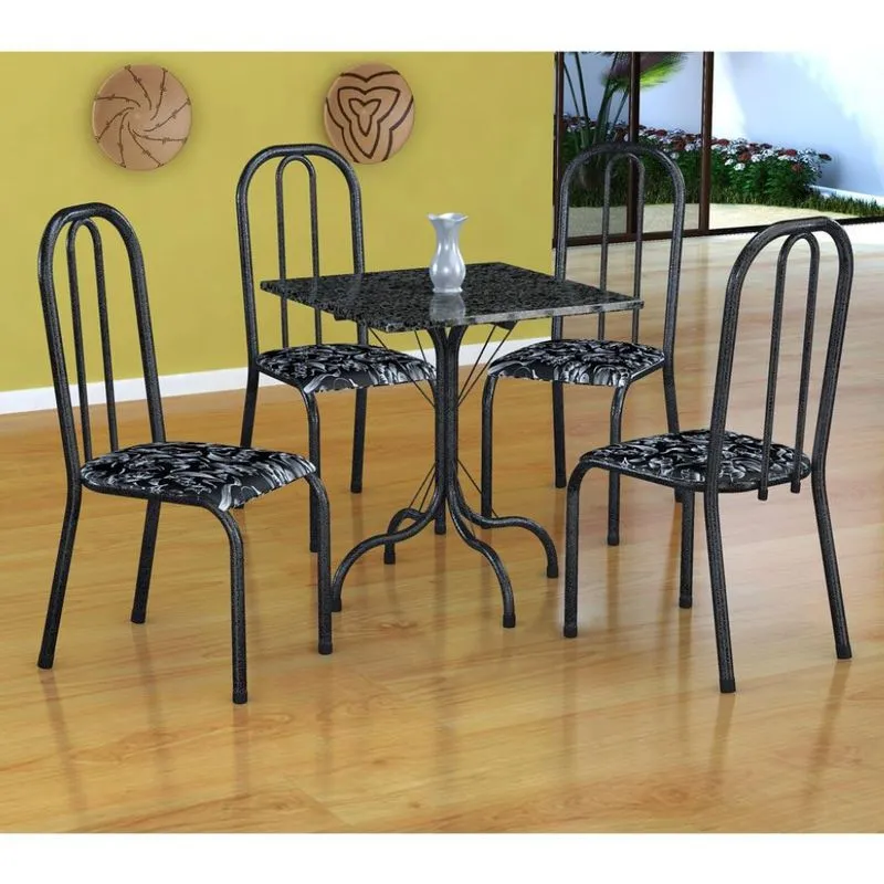 Conjunto de Mesa e Cadeiras Fabone Malaga Madri Aço e Granito 4 Lugares Preto