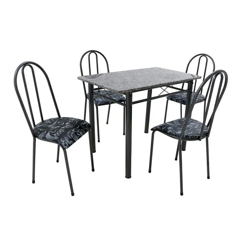 Conjunto de Mesa e 4 Cadeiras Fabone Genebra Aço Carbono e Granito Preto Floral
