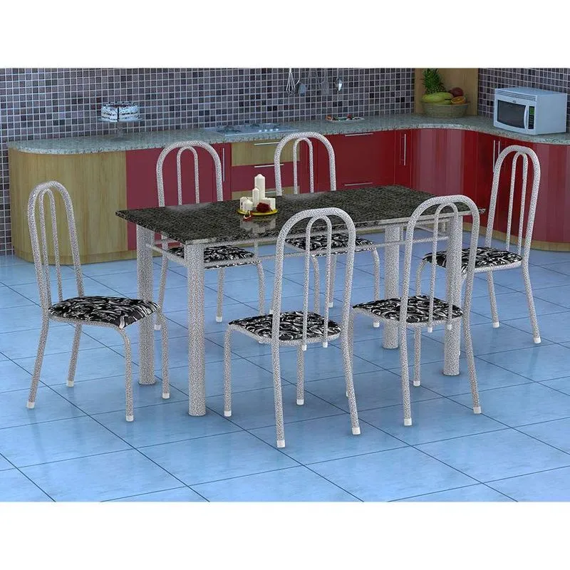 Conjunto de Mesa e Cadeiras Fabone Granada Madri Aço e Granito 6 Cadeiras Floral Prata e Preto