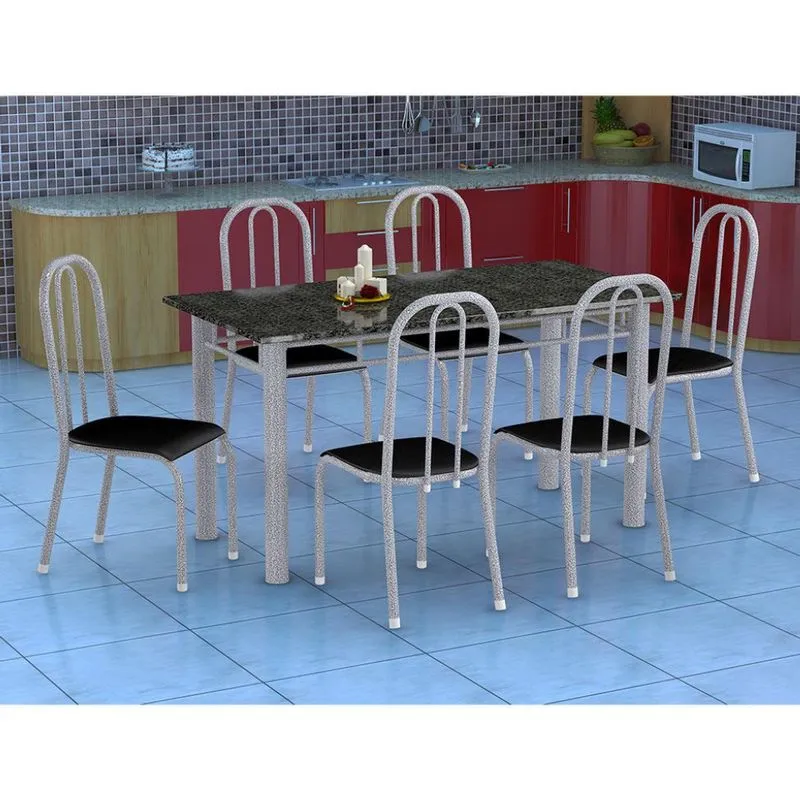 Conjunto de Mesa Granada com 6 Cadeiras Madri Fabone Aço e Granito Prata