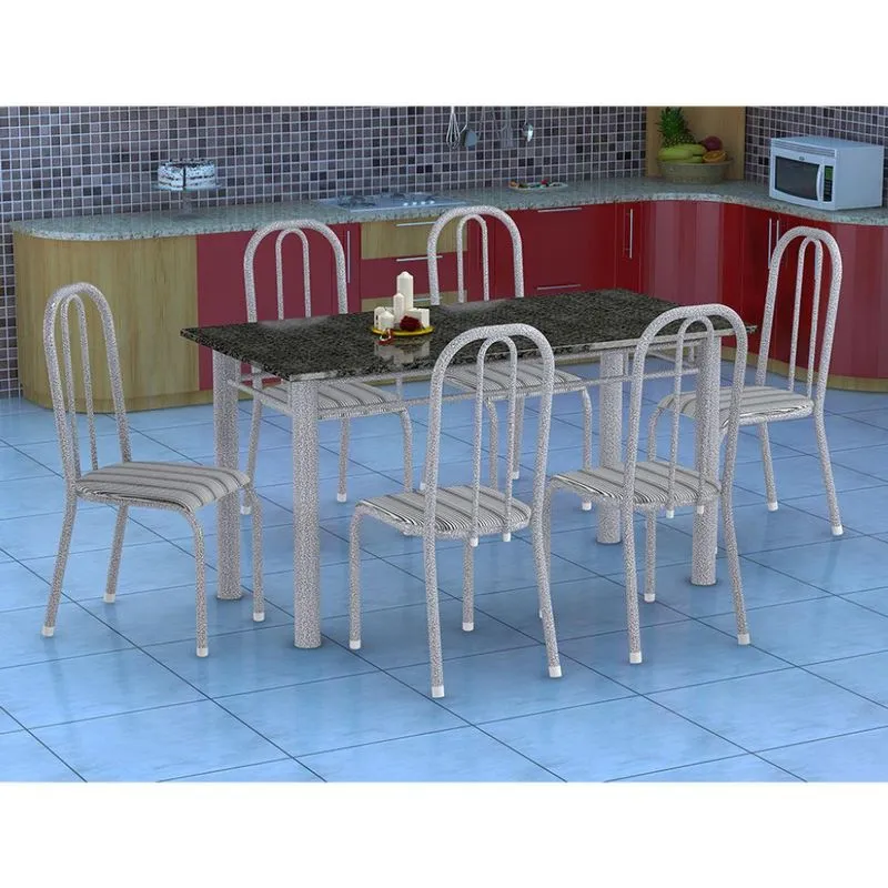 Conjunto de Mesa Granada com 6 Cadeiras Madri Fabone Aço e Granito Prata