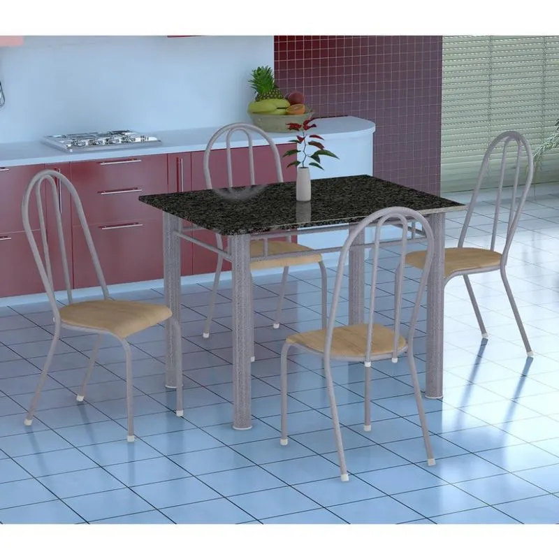 Conjunto de Mesa e Cadeiras Fabone Genova e Alicante Aço e Granito Prata