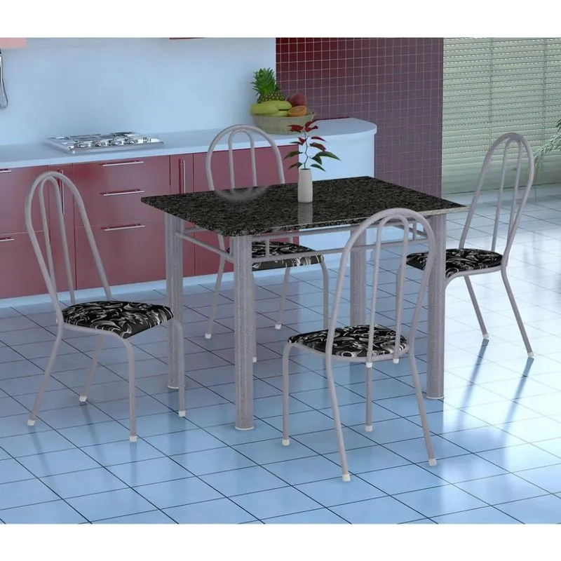 Conjunto de Mesa e Cadeiras Fabone Genova e Alicante Aço e Granito Prata