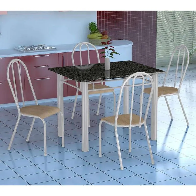 Conjunto de Mesa e Cadeiras Fabone Genova e Alicante Aço e Granito Branco e Nature Bege
