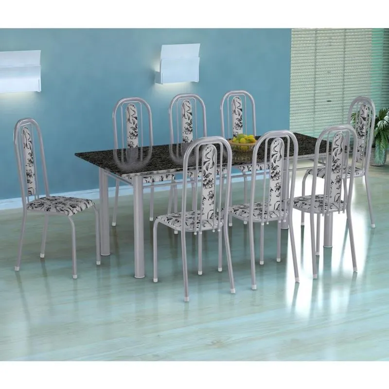 Conjunto de Mesa e Cadeiras Fabone Cordoba Granada Aço e Granito 8 Lugares Branco Floral