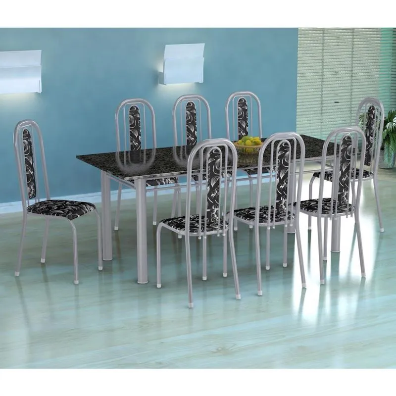 Conjunto de Mesa e Cadeiras Fabone Cordoba Granada Aço e Granito 8 Lugares Floral