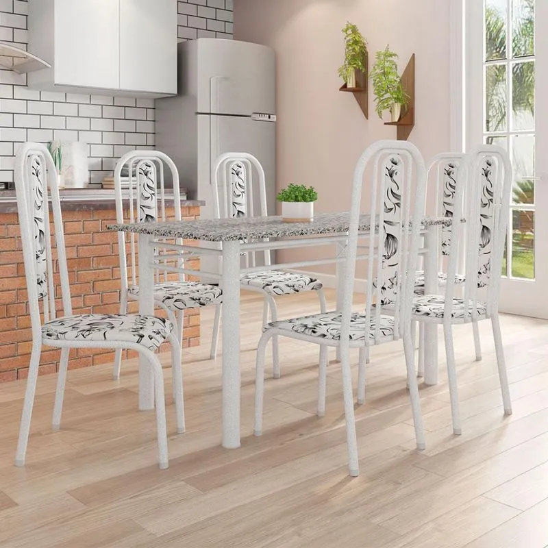 Conjunto de Mesa com 6 Cadeiras Fabone Granada Aço e Granito Prata e Branco Floral