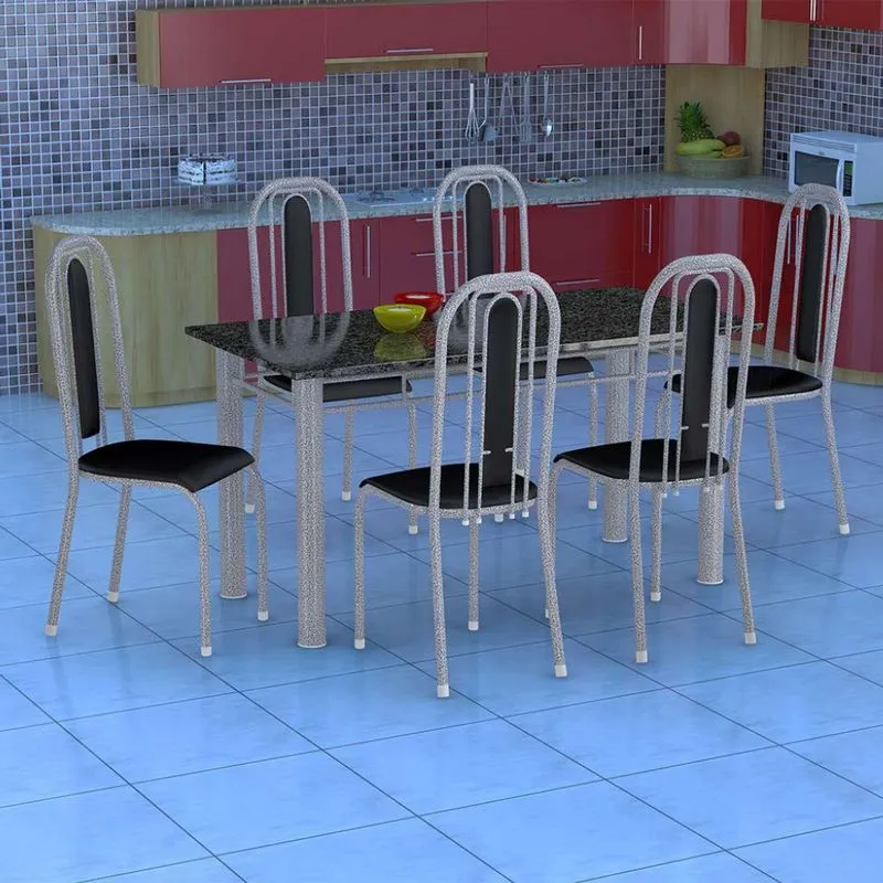 Conjunto de Mesa com 6 Cadeiras Fabone Granada Aço e Granito Prata
