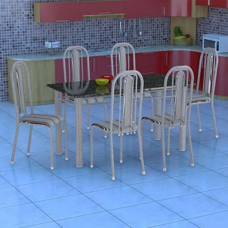 Conjunto de Mesa com 6 Cadeiras Fabone Granada Aço e Granito Prata e Preto Listrado
