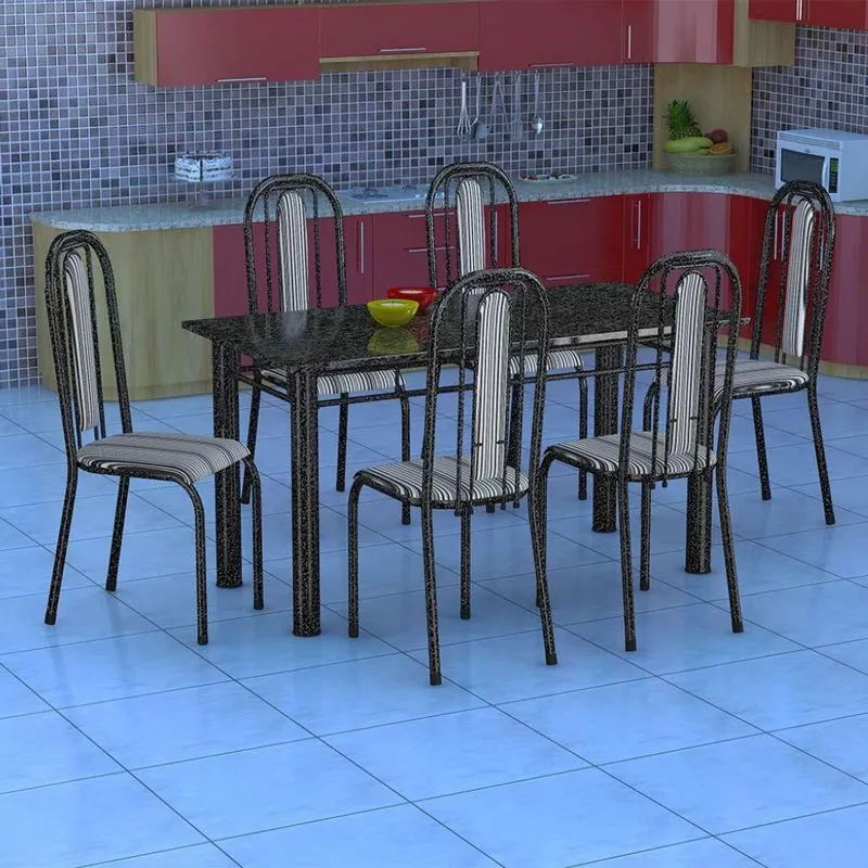 Conjunto de Mesa com 6 Cadeiras Fabone Granada Aço e Granito Preto