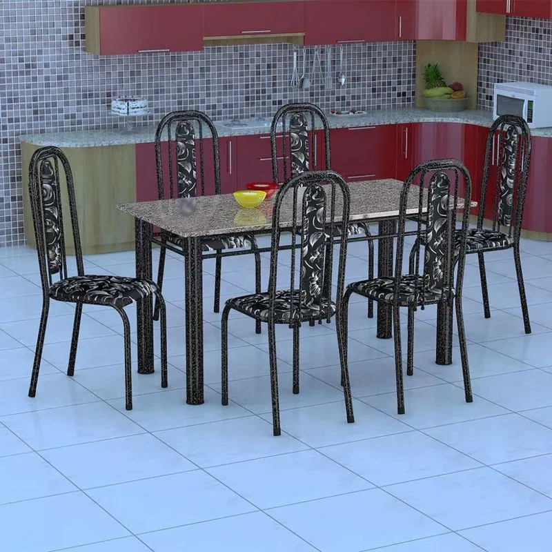 Conjunto de Mesa com 6 Cadeiras Fabone Granada Aço e Granito Preto Floral