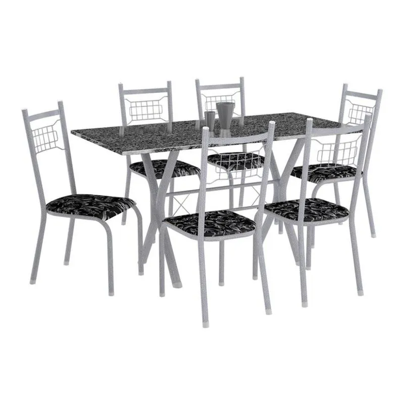 Conjunto de Mesa Miami Com 6 Cadeiras Lisboa Branco Prata E Preto Floral