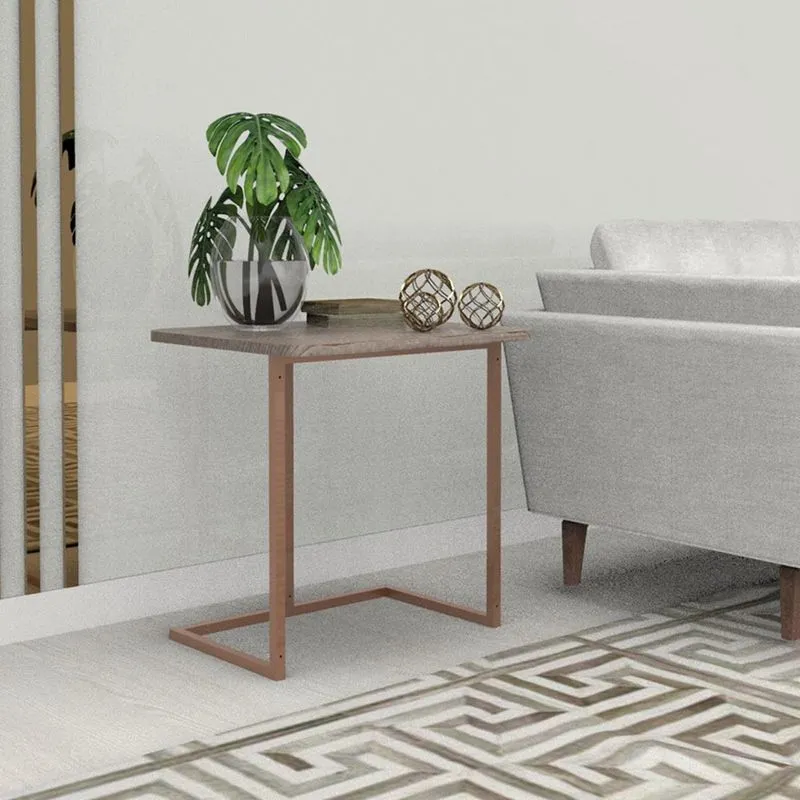 Mesa Lateral Tubular Menor Bronze com Madeirado Escuro Louro Freijó