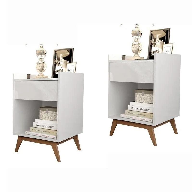 Kit 2 Mesa Cabeceira com Pés Classic Madeira Branco 1 Gaveta
