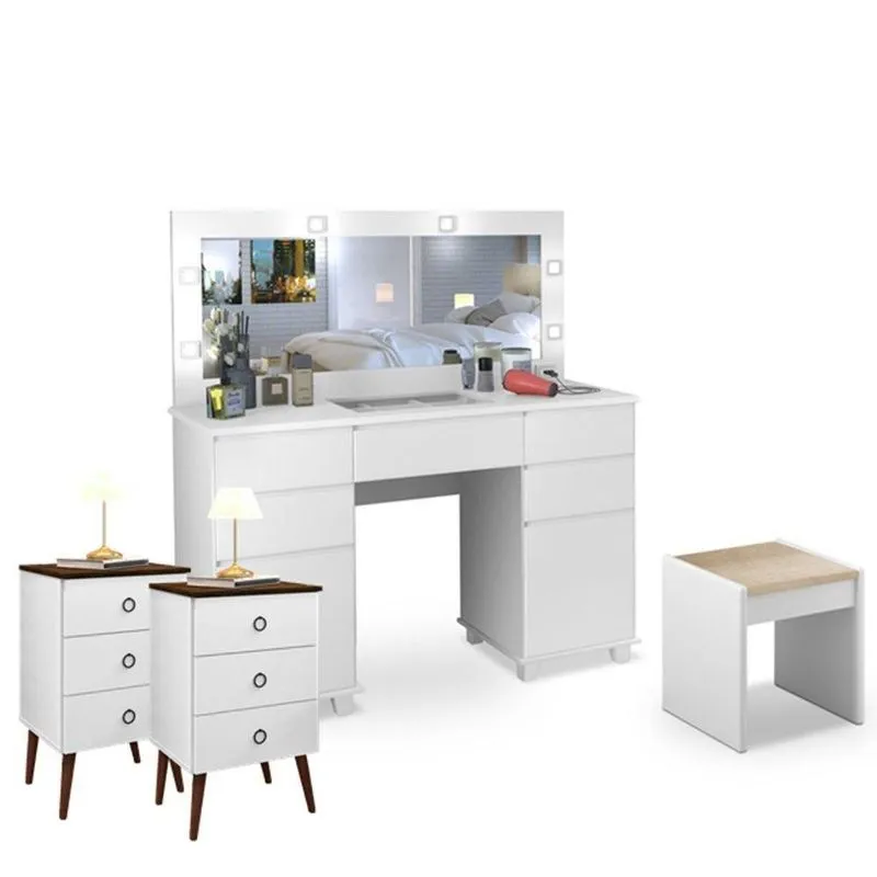 Penteadeira Led + Mesa De Cabeceira Branco Cacau + Banqueta