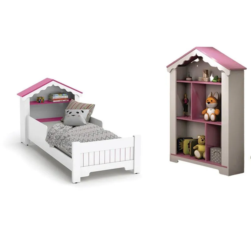 Conjunto Mini Cama e Estante Branca/Rosa ofertamo