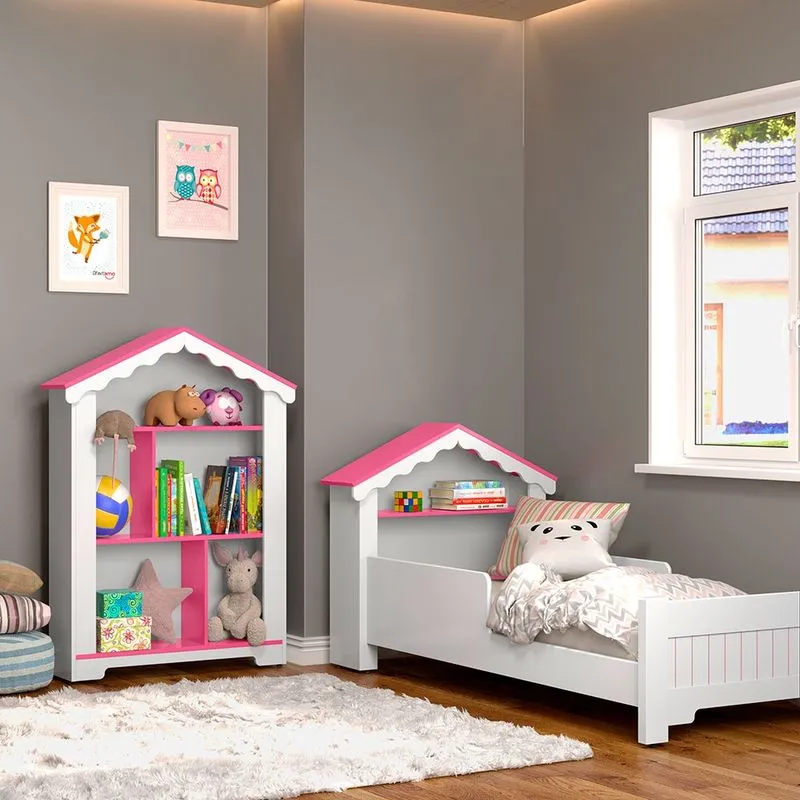Conjunto Mini Cama c/Colchão e Estante Branca/Rosa ofertamo