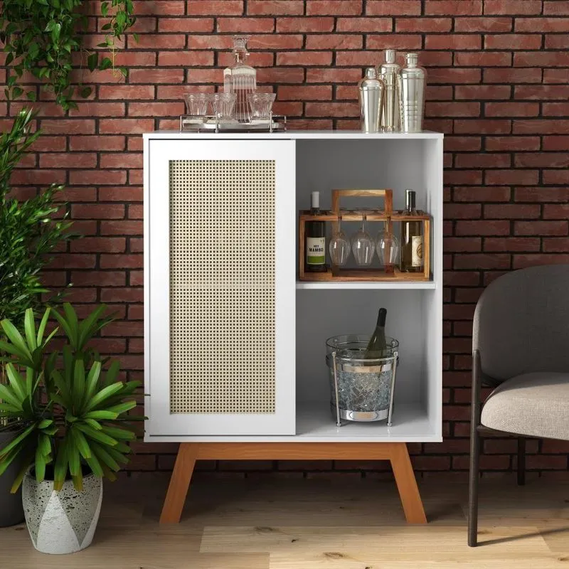Balcao Buffet Aparador Bar Porta De Correr Rattan Pés Em Madeira Branco