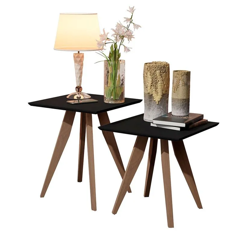 Conjunto Mesa Classic Lateral Quadrado Pés de Eucalipto Maciço Preto Móveis Decor
