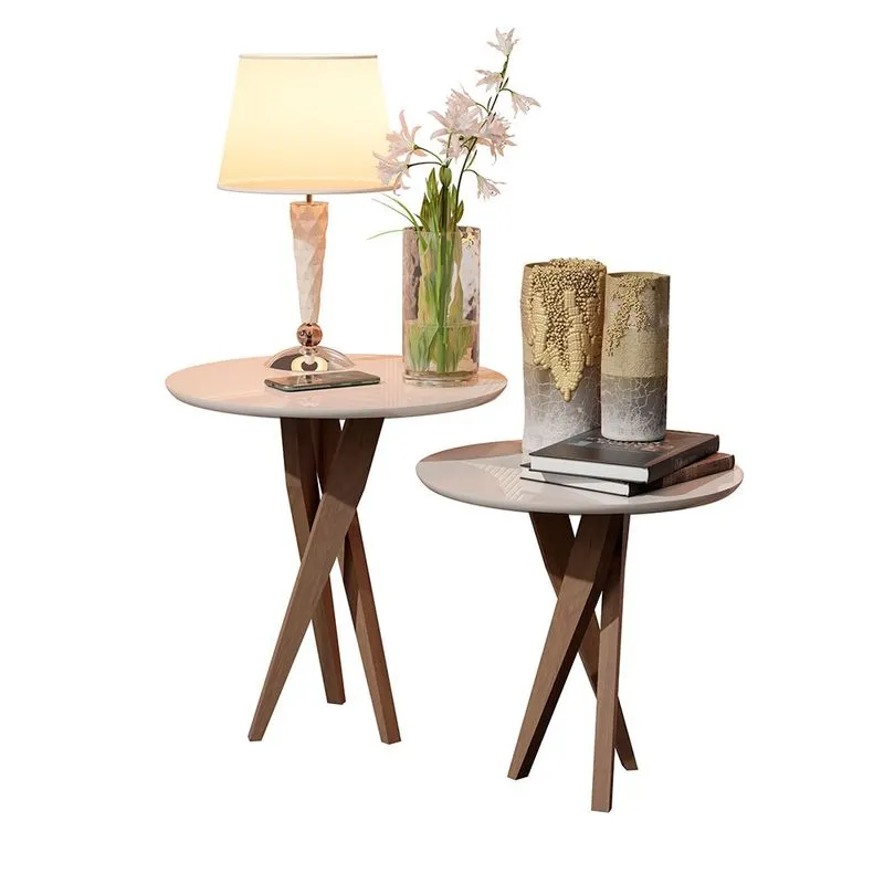 Conjunto Mesa Classic Lateral Redondo Pés de Eucalipto Maciço Off White Móveis Decor