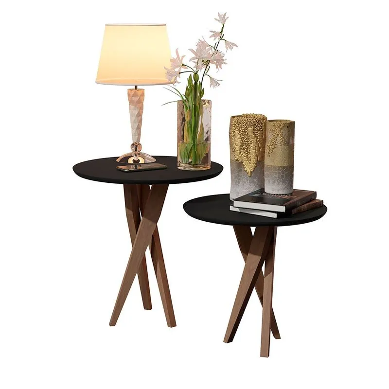 Conjunto Mesa Classic Lateral Redondo Pés de Eucalipto Maciço Preto Móveis Decor
