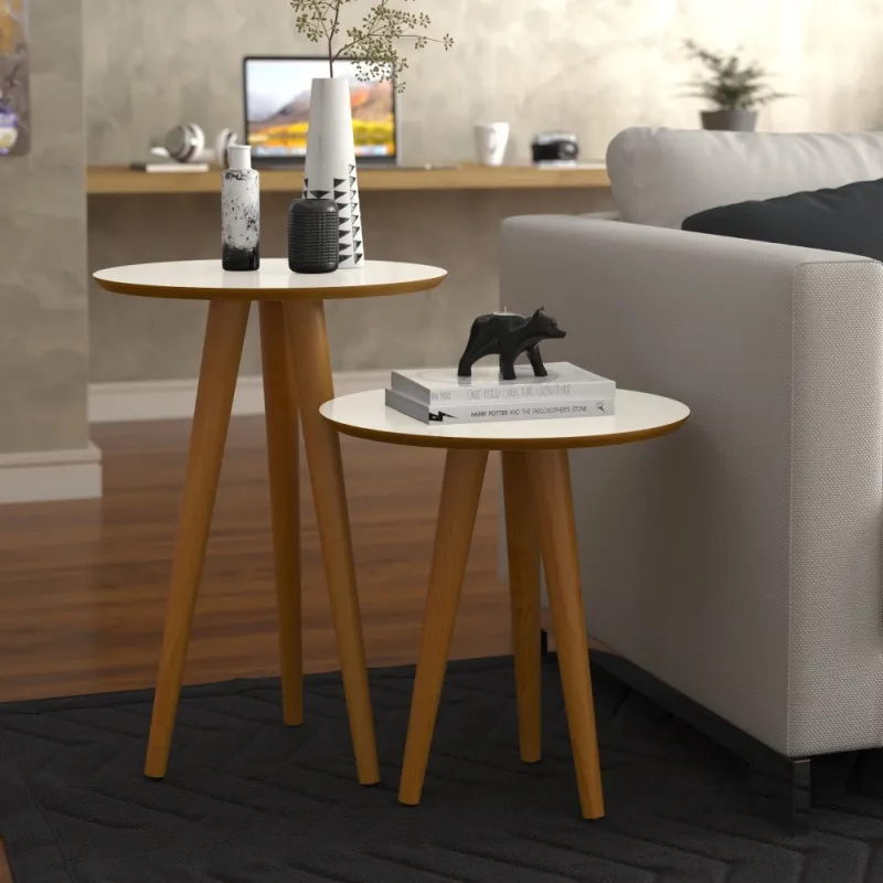 Conjunto 2 Mesas 4202 Pés Palito Ofertamo Sala Off White/Freijo