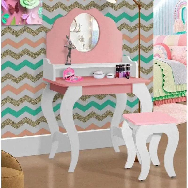 Penteadeira Infantil com Espelho Banqueta mdf Branco/Rosa