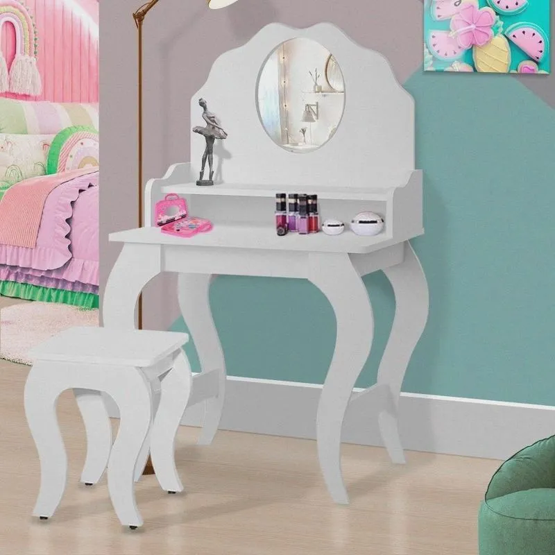 Penteadeira Infantil com Espelho Banqueta mdf Branco