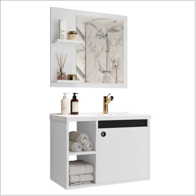 Conjunto Gabinete c/ Espelheira e Cuba p/ Banheiro 60cm Adonis Branco c/ Preto