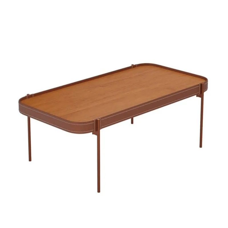 Mesa de Centro Melin P 87x44 Nature com Pés Metálicos Cobre Detalhes em Couro - Ofertamo